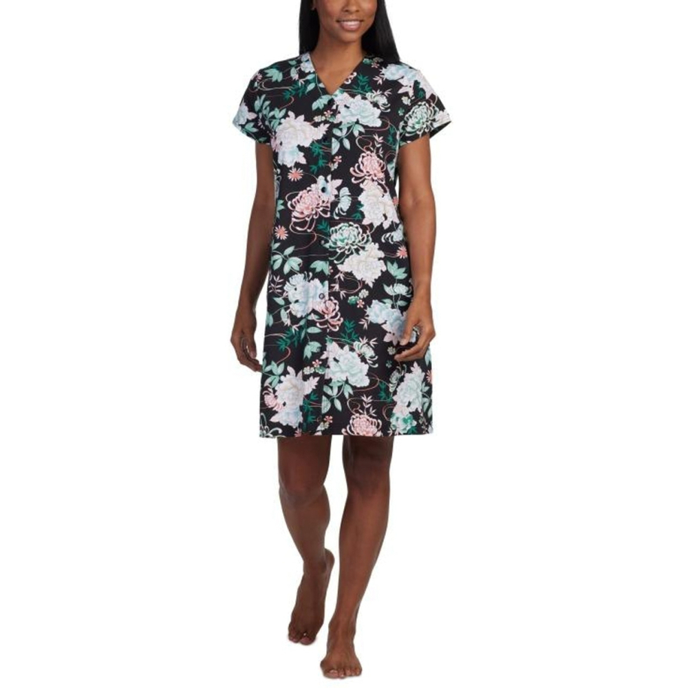 Miss Elaine Women's Large Black Floral Short-Sleeve Floral Snap Robe NWT